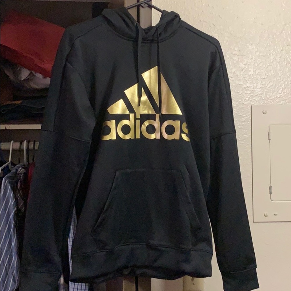 NWOT Adidas Black Hoodie with Gold Emblem S